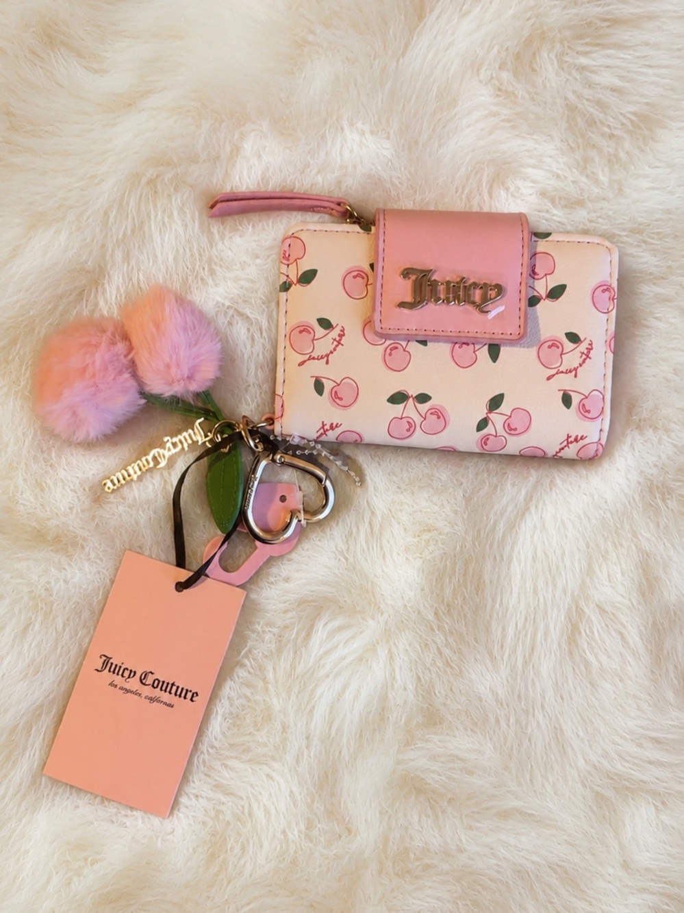 Juicy Couture Pink Cherry Print Small Wallet with Pom Keychain